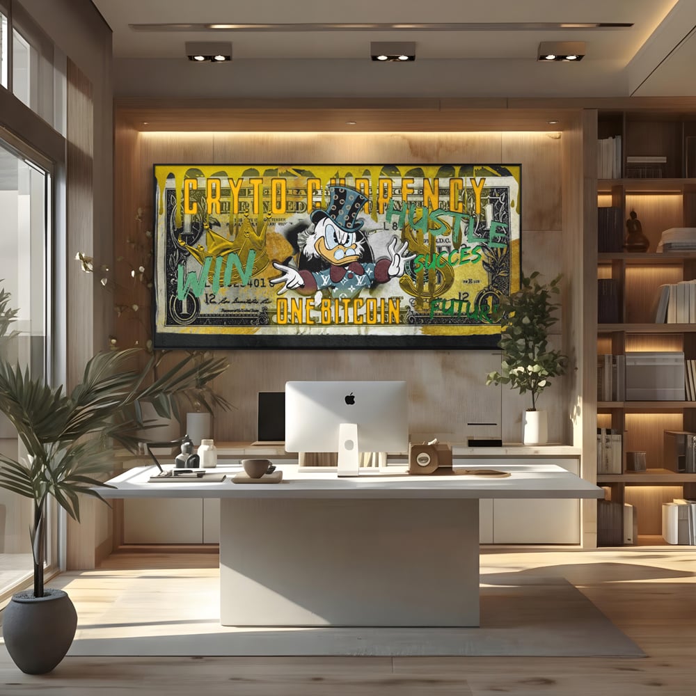 Tablou canvas cu tablou canvas cu donald duck si bitcoin, in rama de aluminiu negru, pe perete intr-un birou